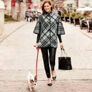 Talbots Wool Blend Gray Plaid Button Up Cape Poncho Coat XS Oversized